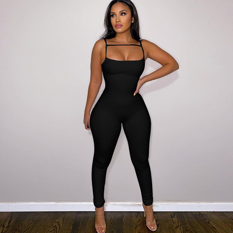 Europe and the United States cross-border women's 2024 new summer fashion solid color slim slim strap jumpsuit women manufacturers wholesale