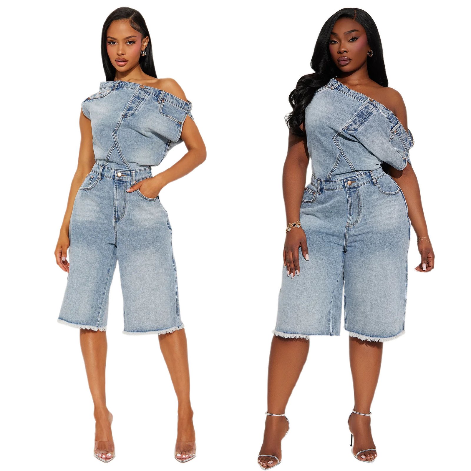 6063 Cross-Border Amazon New European and American Casual Fashion Strapless One-Shoulder Slim Denim Jumpsuit - Image 2