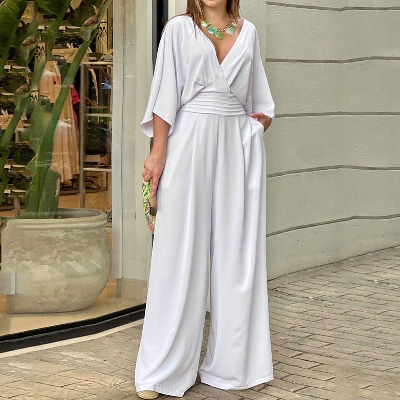 2026 Summer New Style Cross-Border European and American Foreign Trade Women's Clothing Elegant Casual Solid Color V-Neck Slim Fit Wide-Leg Jumpsuit - Image 4