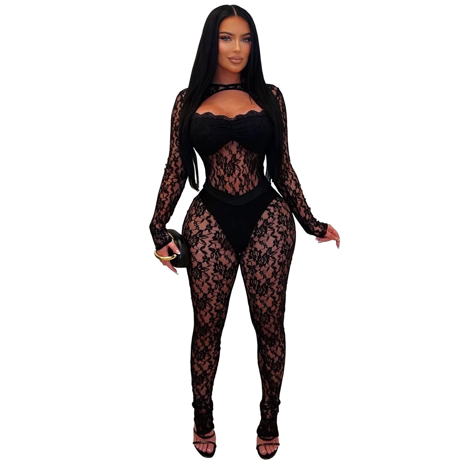 C7637 Cross-Border Aliexpress Amazon European and American Fashion Women's Sexy See-Through Lace Slim-Fit Bodycon Jumpsuit - Image 3