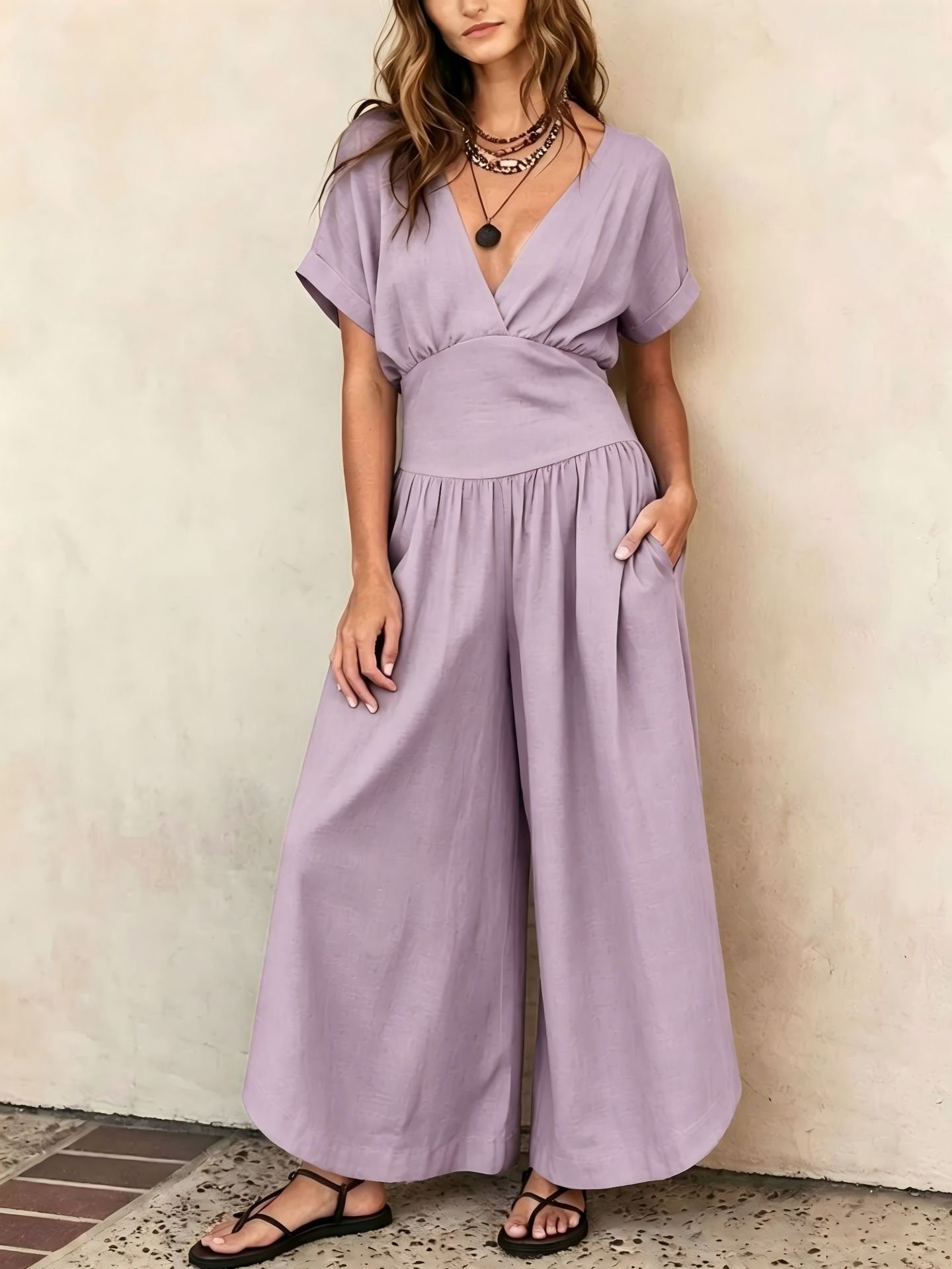 2026 European and American Cross-Border Spring and Summer New Amazon Elegant Waist-Cinching V-Neck Casual Stylish Women's Jumpsuit - Image 6