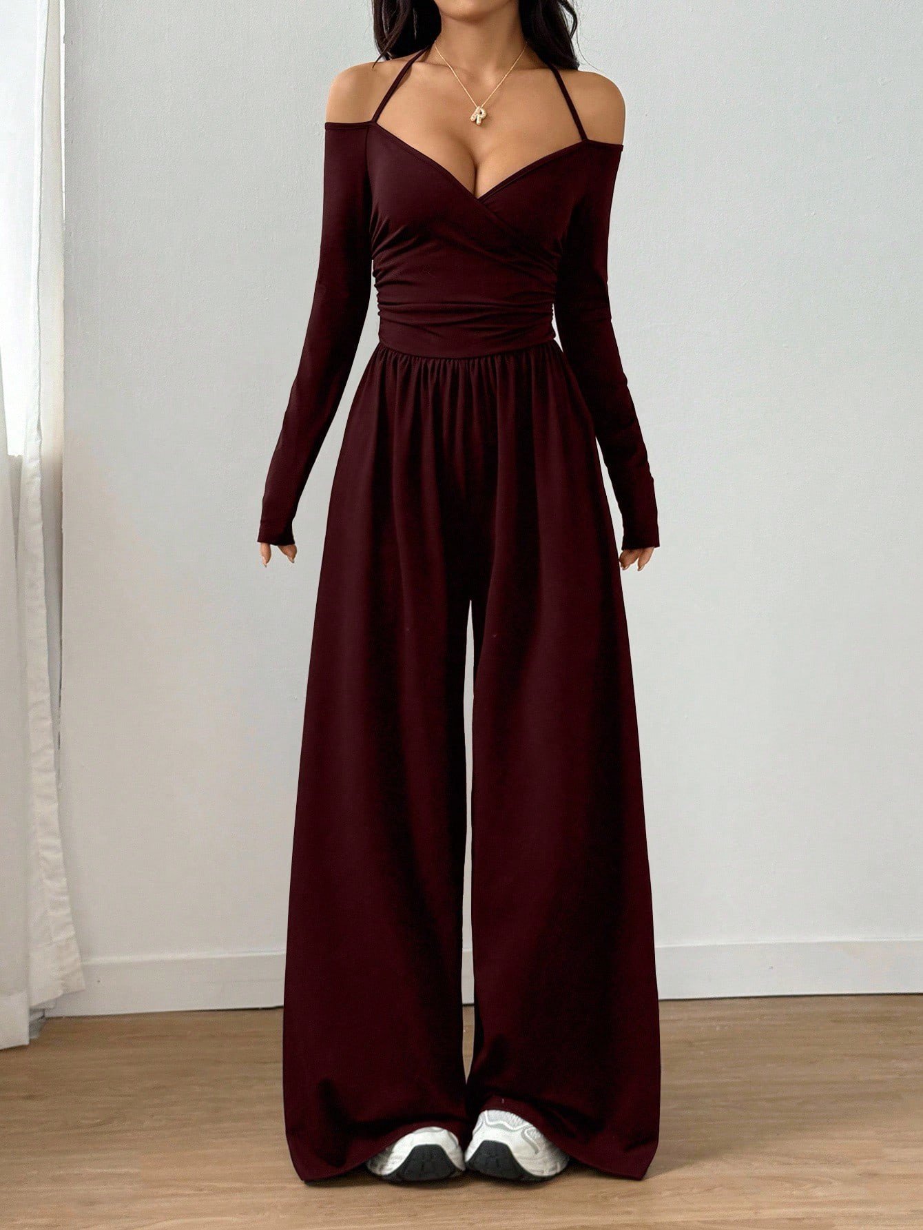 European and American Style Short-Sleeve Cross-Border New V-Neck Tie Long-Sleeve Jumpsuit for Women, Waist-Cinching Wide-Leg Pants, European and American Style Casual