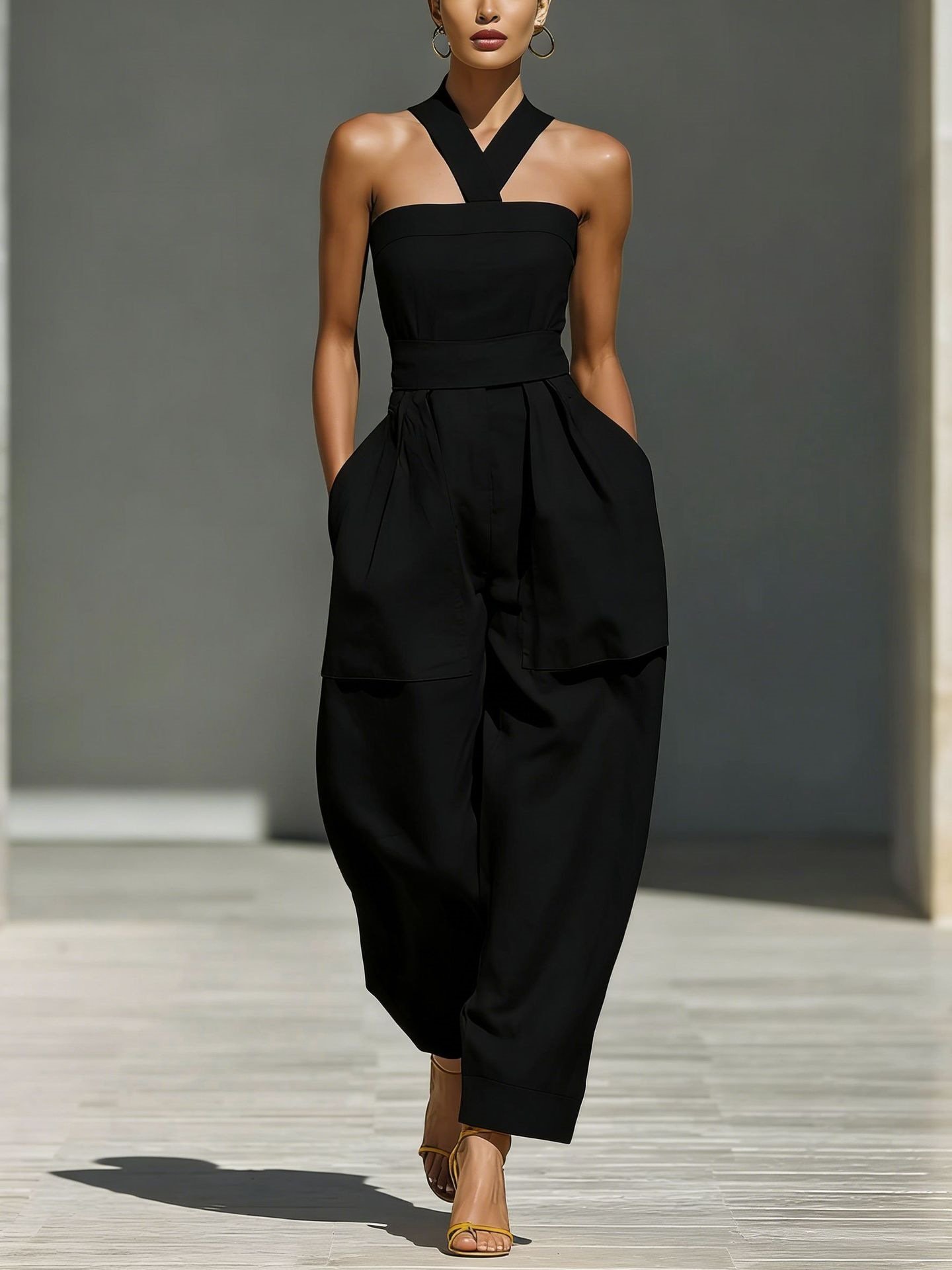2026 Amazon Independent Site New Style Linen Blend Cross-Over Halter Neck Loose-Fitting Women's Jumpsuit - Image 4