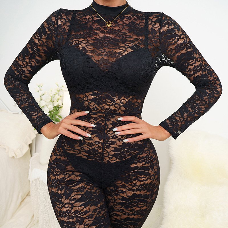 Summer New Style Sexy Hot Girl Black Lace Jacquard Hollow-Out See-Through Long-Sleeve Elegant Slim-Fit Jumpsuit with a High-End Feel - Image 2