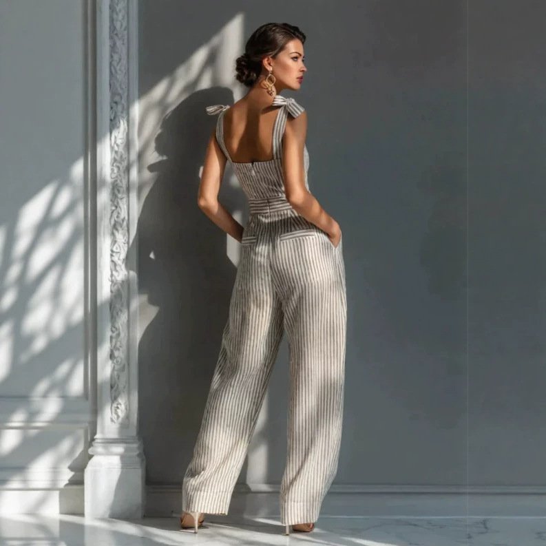 Cross-Border Independent Website Summer New Striped Suspender Pocket Jumpsuit European and American Foreign Trade High-Waisted Wide-Leg Jumpsuit for Women - Image 4