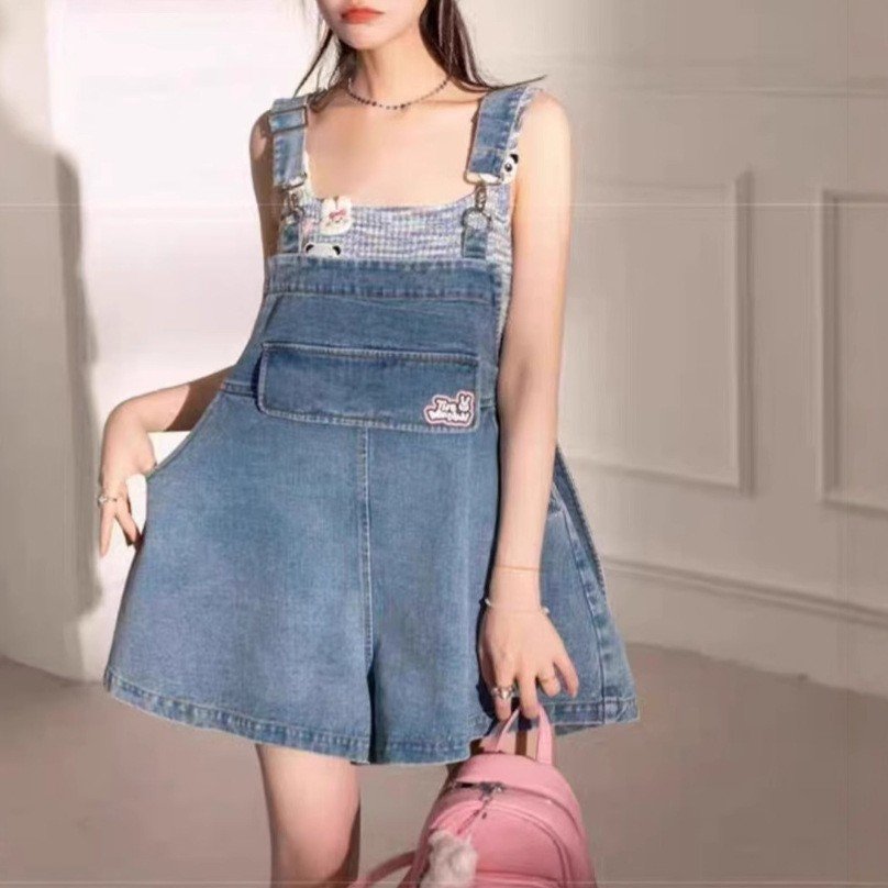 Age-reducing Elegant Rabbit Ear Denim Strap Shorts Women's Summer Thin plus size chubby girl Western-style Slim-fit Pants