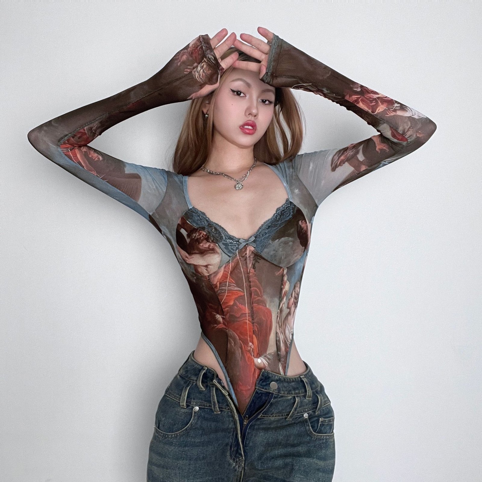 W323Bs European and American Cross-Border Spring and Summer New Mesh Butterfly Print High-Waisted Long-Sleeved Slim Jumpsuit Sexy Top