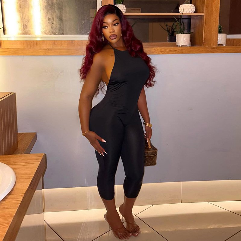 Women's Milk Silk Sleeveless Jumpsuit – Sexy High Stretch Capri Straight Leg One-Piece Outfit - Image 3