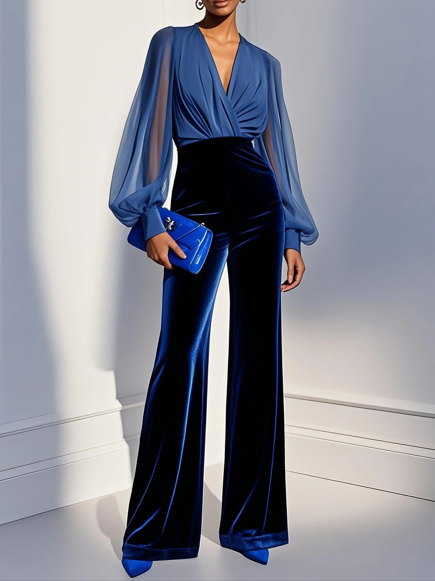2025 Cross-Border Amazon Independent Site Mesh Fabric and Velvet Elegant Jumpsuit