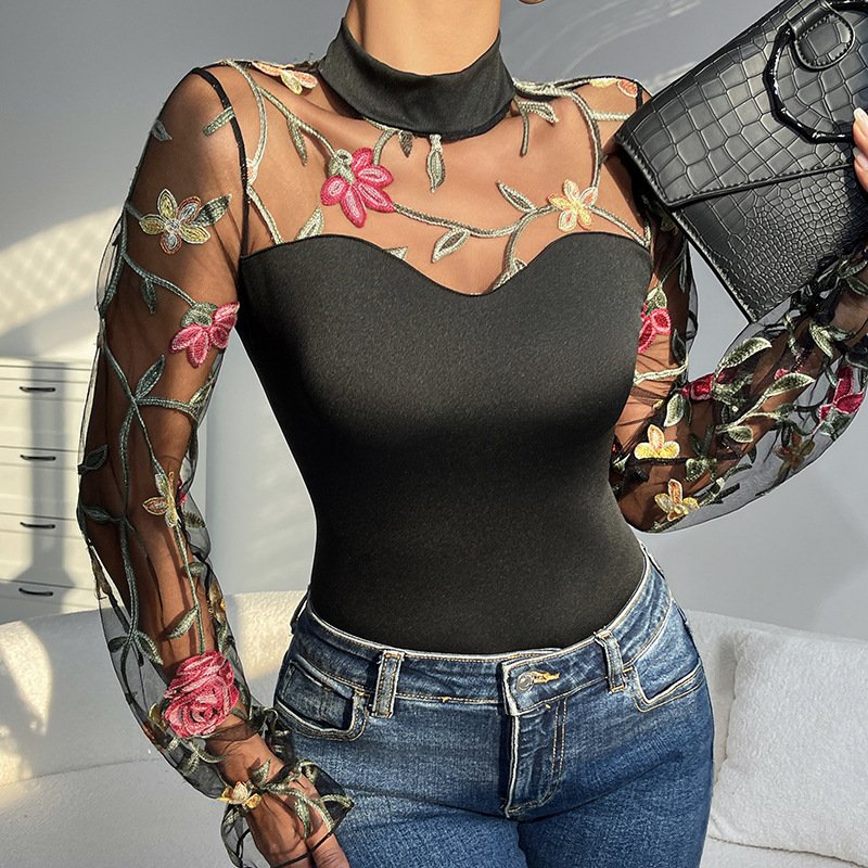 Embroidered Mesh Puff Sleeve Perspective Hollow Fashion Long Sleeve Women's Cross-border Foreign Trade Sexy Spice Girl Slim-fit One-piece Clothes