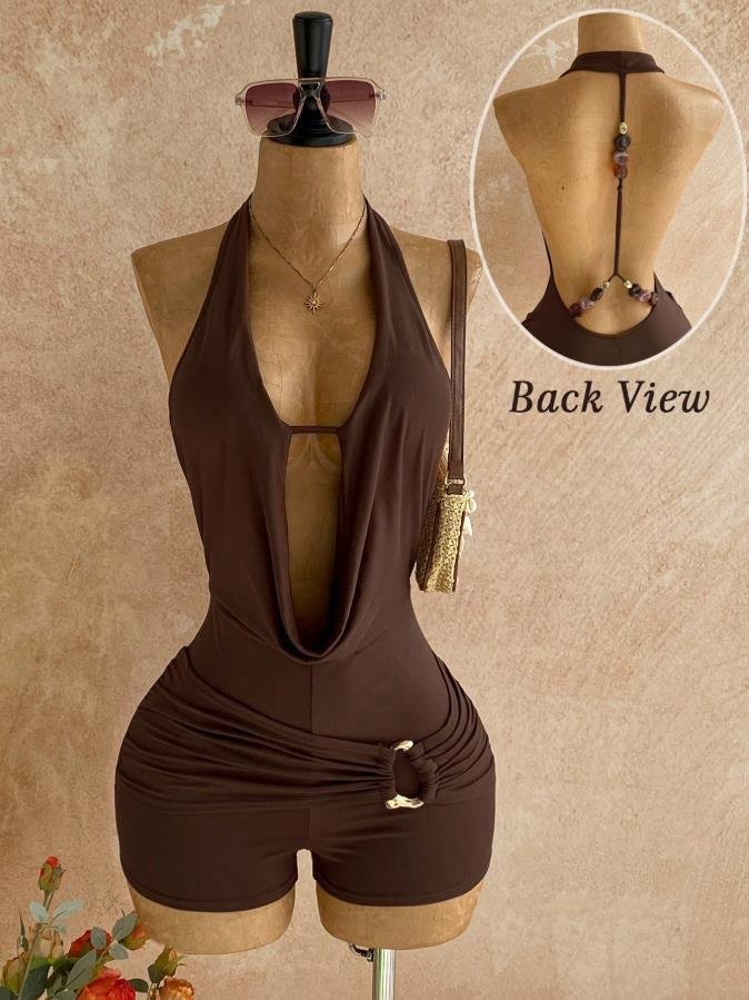 European and American Cross-Border New Style Casual Vacation Bohemian Tropical Halter Neck Backless Metal Beaded Textured Jumpsuit - Image 2