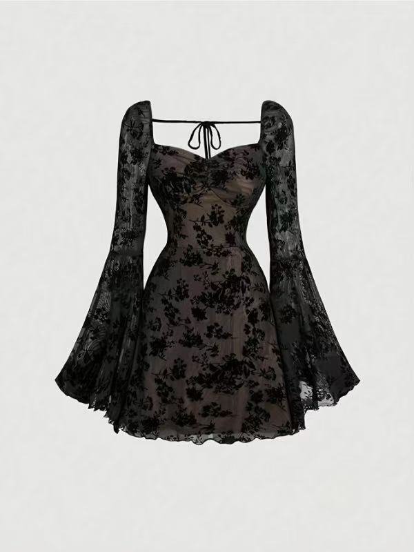in stock Cross-border European and American Women's Clothing Amazon AliExpress Independent Station Black Floral Lace A- line Short Top Skirt