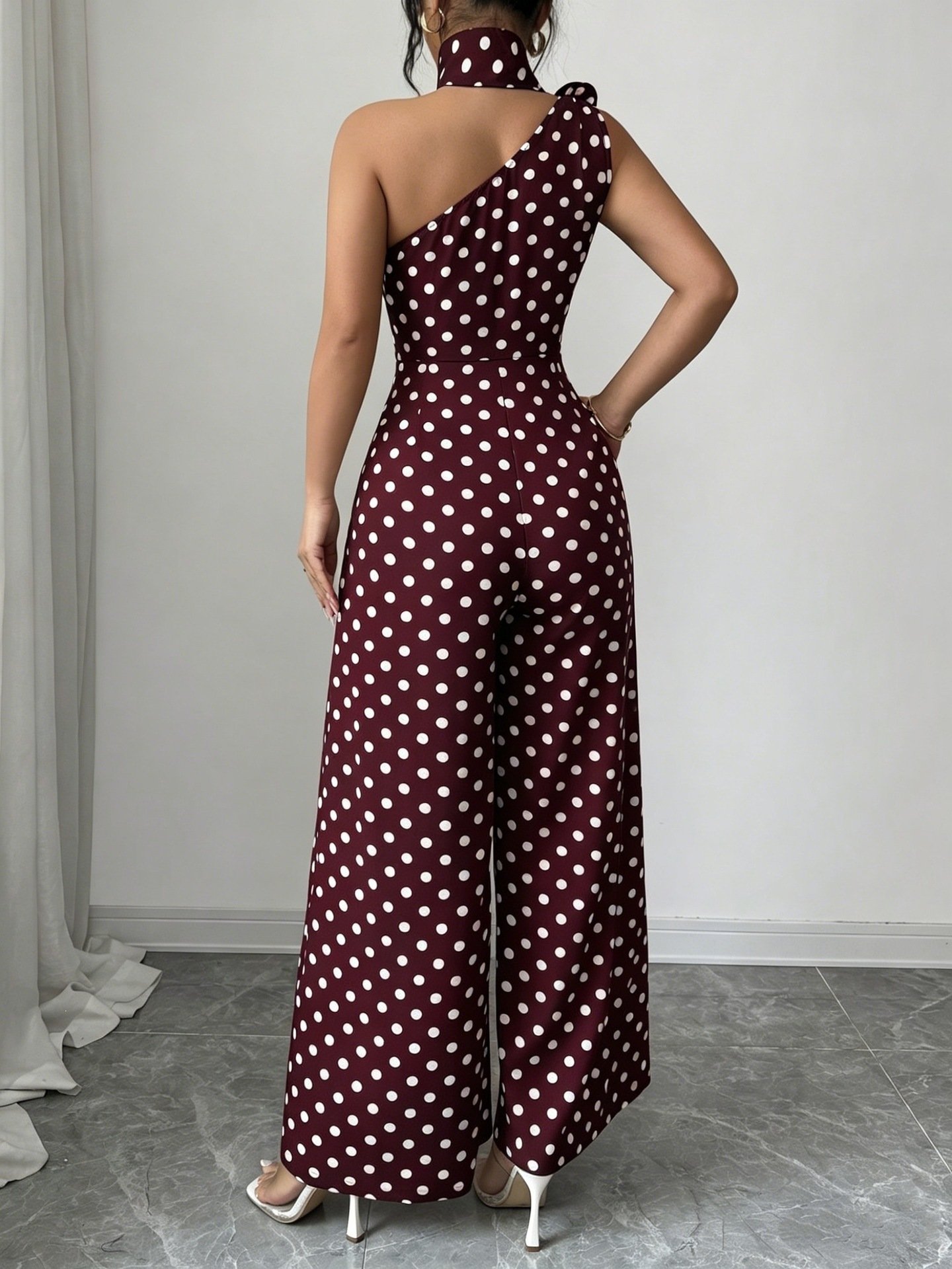 European and American Cross-Border Summer New Polka Dot Print Fashion Sexy One-Shoulder Sleeveless Slim-Fit Elegant Jumpsuit - Image 4