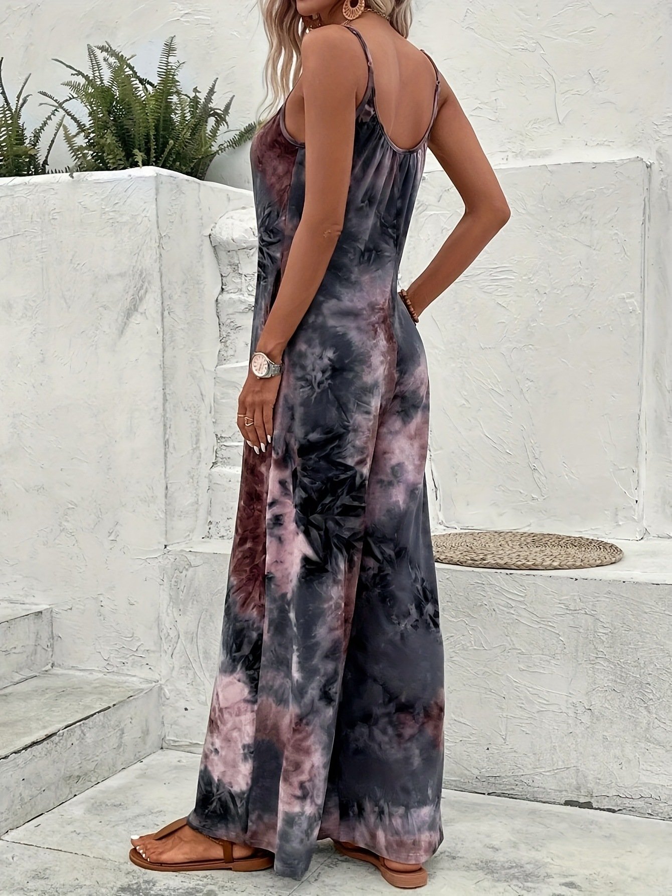 2026 New Cross-Border European and American Style Tie-Dye Wide-Leg Jumpsuit Casual Sleeveless Ruched Jumpsuit - Image 4