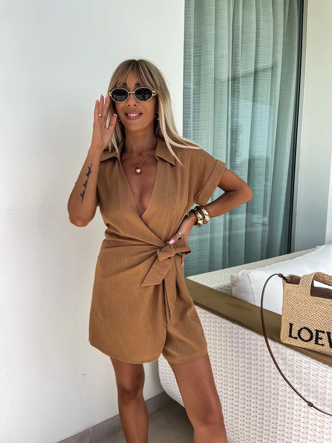 2024 Latin American Cross-border Fashion Women's Jumpsuit Casual Solid Color Classic Lace-up Lace-up Shirt Sleeve Shorts - Image 3