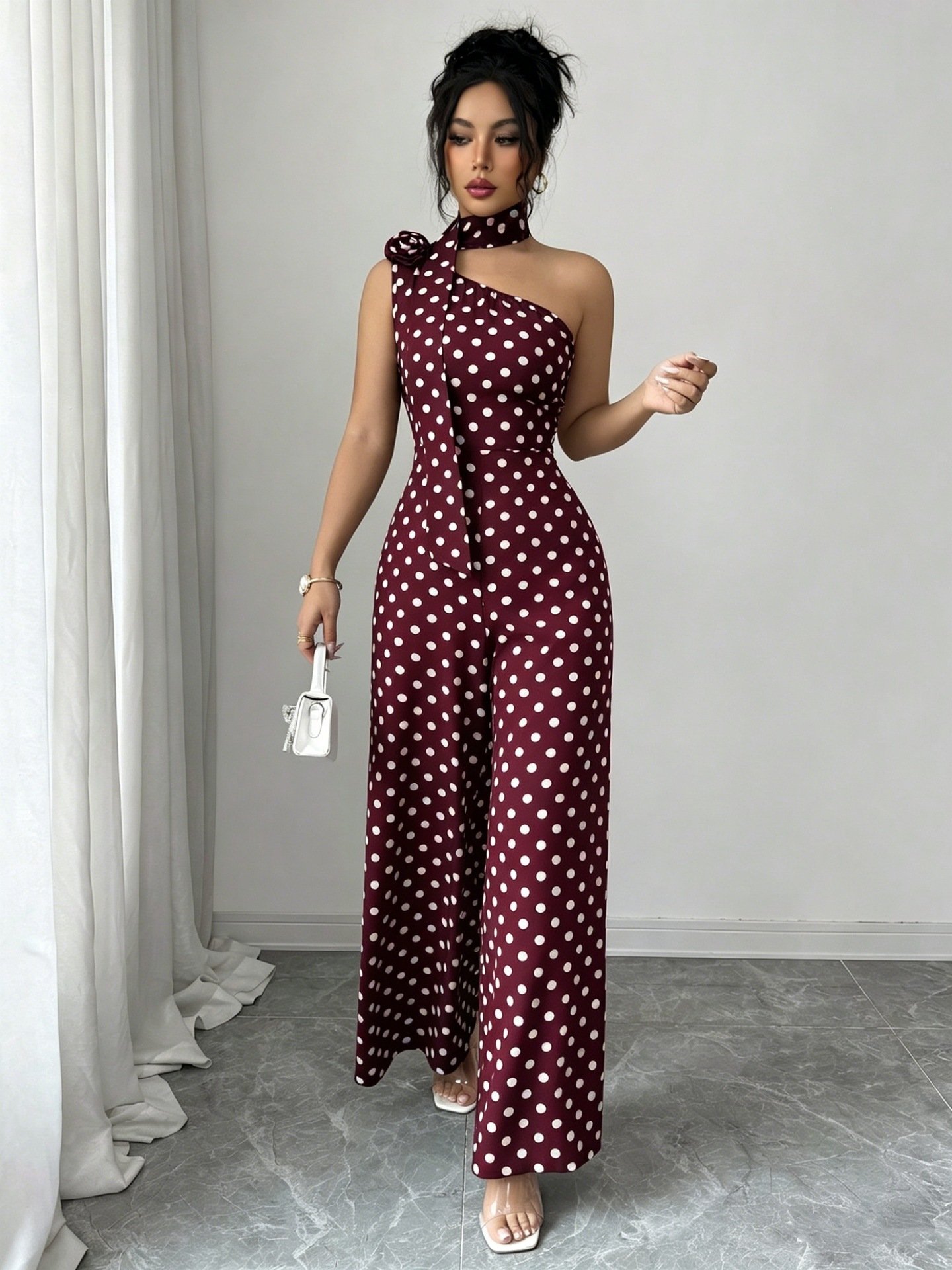 European and American Cross-Border Summer New Polka Dot Print Fashion Sexy One-Shoulder Sleeveless Slim-Fit Elegant Jumpsuit - Image 2