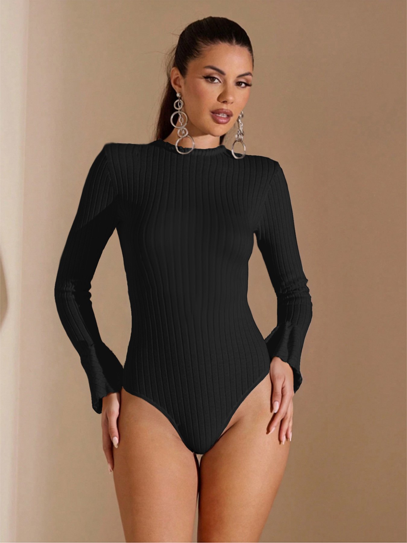 2025 Autumn and Winter Export Brushed Pit Strip Trumpet Sleeve Lotus Leaf Collar Sexy Slim Pure Color Knitted Jumpsuit Top for Women