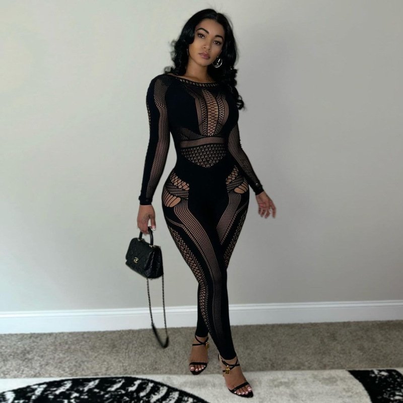 European and American Cross-Border 2025 Autumn New Women's Nylon One-Piece Knitted Hollow-Out Slim High-Elastic Jumpsuit Women's Clothing Wholesale - Image 4