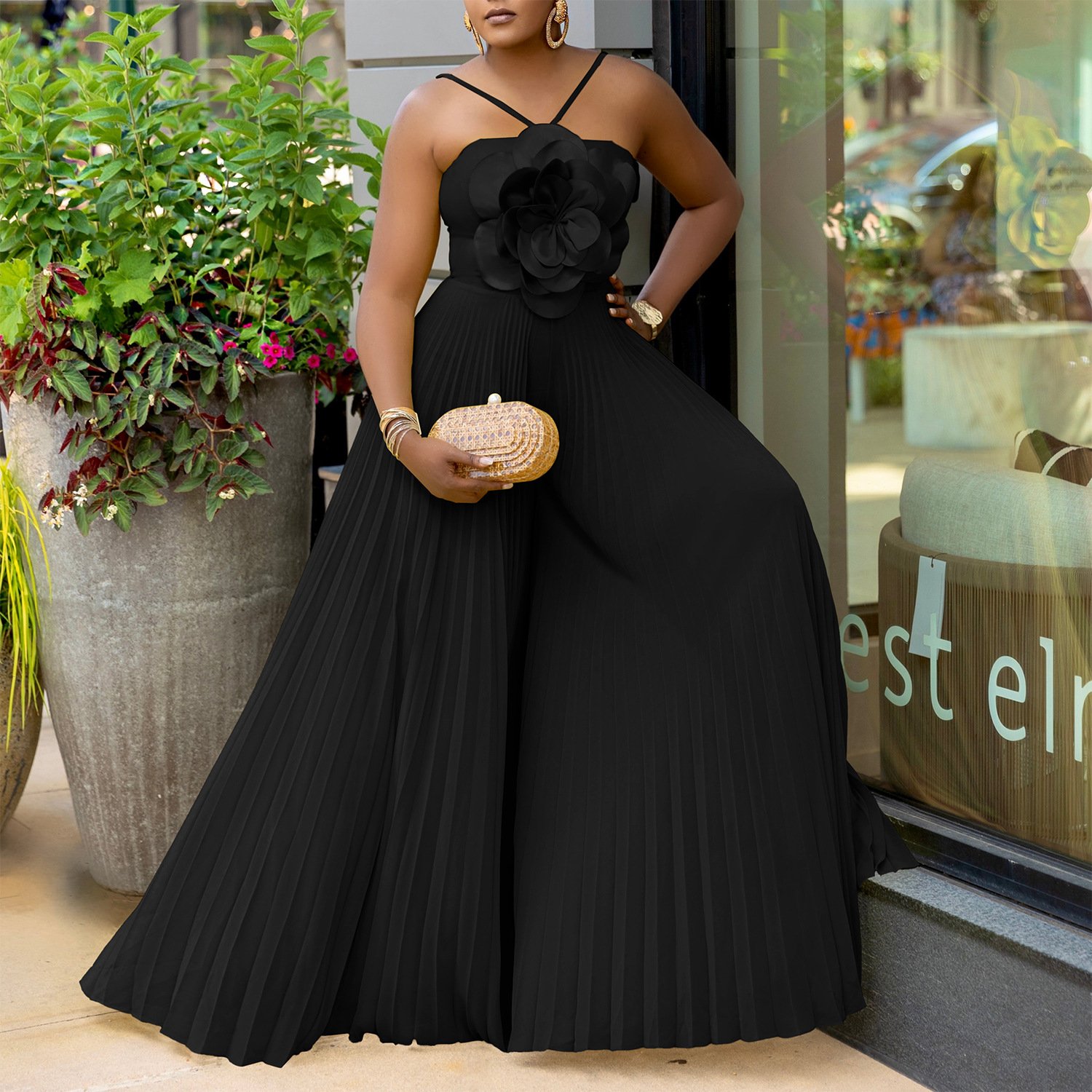 C8602 cross-border women's clothing Amazon Europe and the United States summer hanging neck three-dimensional flower solid color wide leg plus size foreign trade jumpsuit