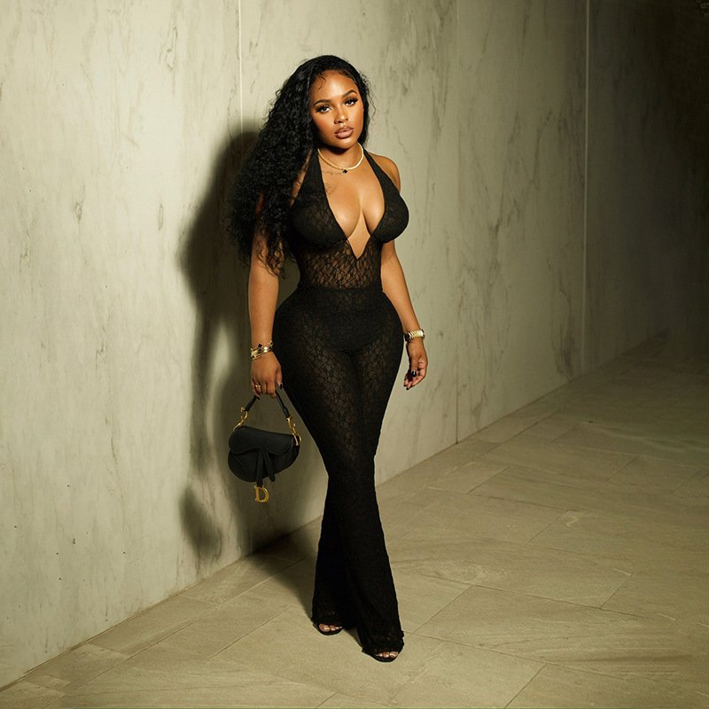 D9779 Amazon Europe and the United States best selling women's sexy neck deep v-neck lace backless jumpsuit (including shorts) - Image 2