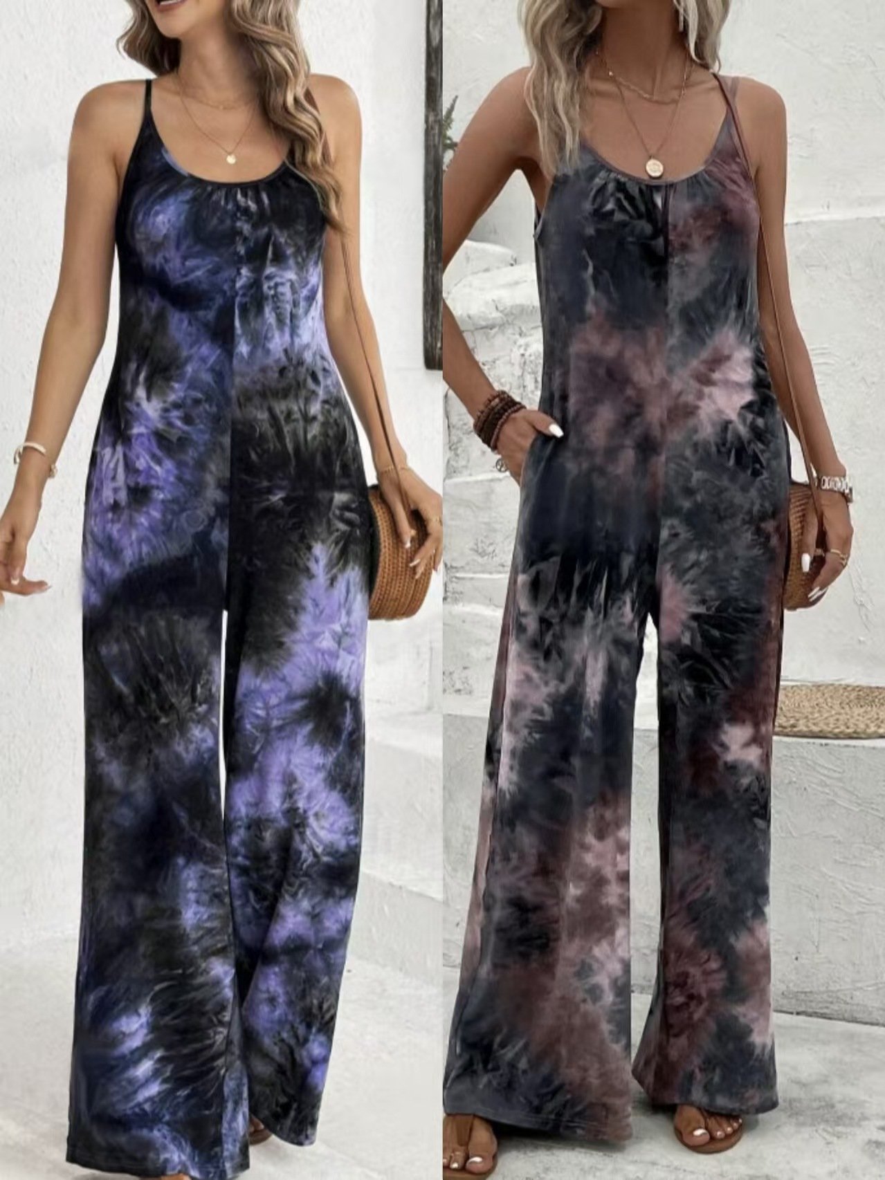 2026 New Cross-Border European and American Style Tie-Dye Wide-Leg Jumpsuit Casual Sleeveless Ruched Jumpsuit