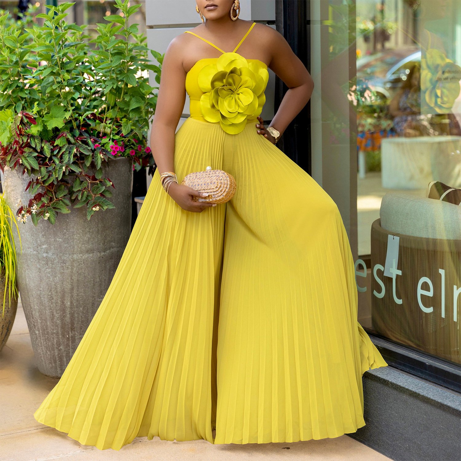 C8602 cross-border women's clothing Amazon Europe and the United States summer hanging neck three-dimensional flower solid color wide leg plus size foreign trade jumpsuit - Image 2