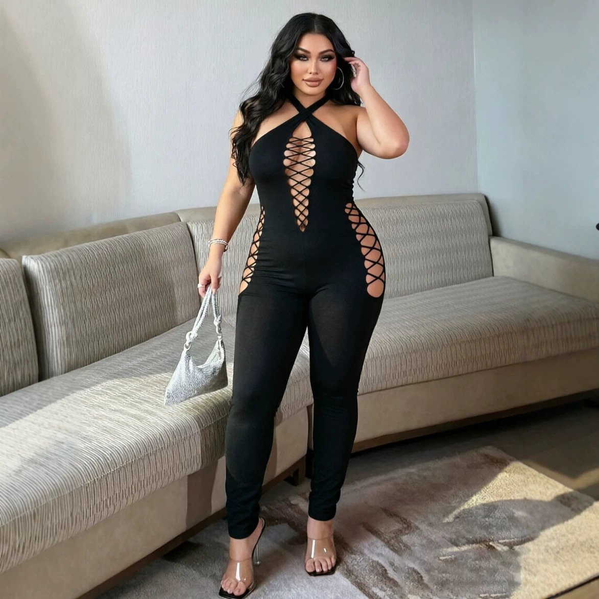 European and American Style Sleeveless Jumpsuit, Cross-Border Solid Color Round Neck Tight-Fitting Dress - Image 2