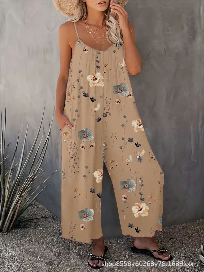 Cross-Border Amazon Women's Casual Suspender Pocket Sleeveless Printed Jumpsuit Vacation Style Sleeveless Wide-Leg Jumpsuit - Image 4