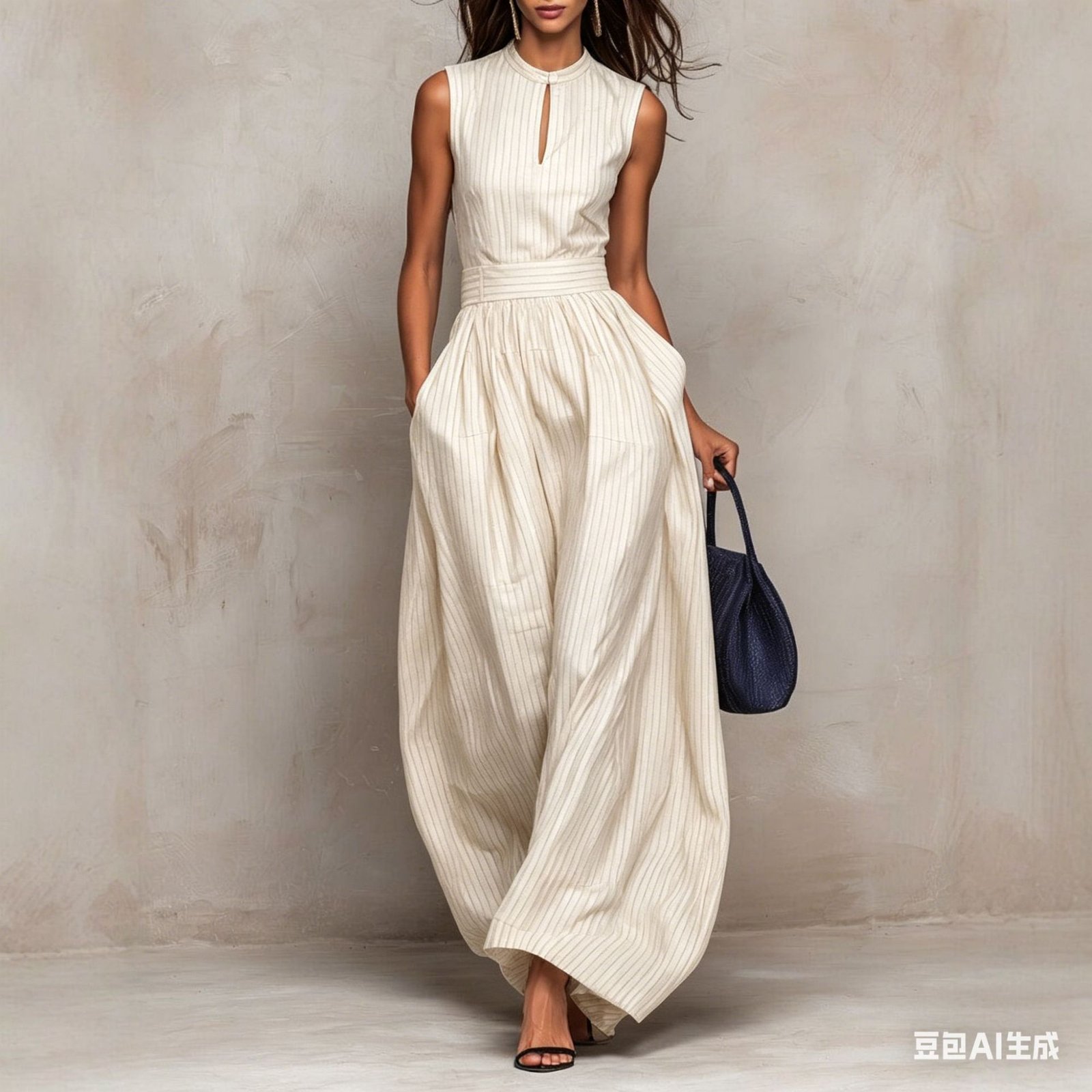 European and American Style 2026 New Deep Blue Striped Sleeveless Waist-Cinching Wide-Leg Jumpsuit for Women, Long and Elegant Fashion Cross-Border Women's Clothing - Image 3