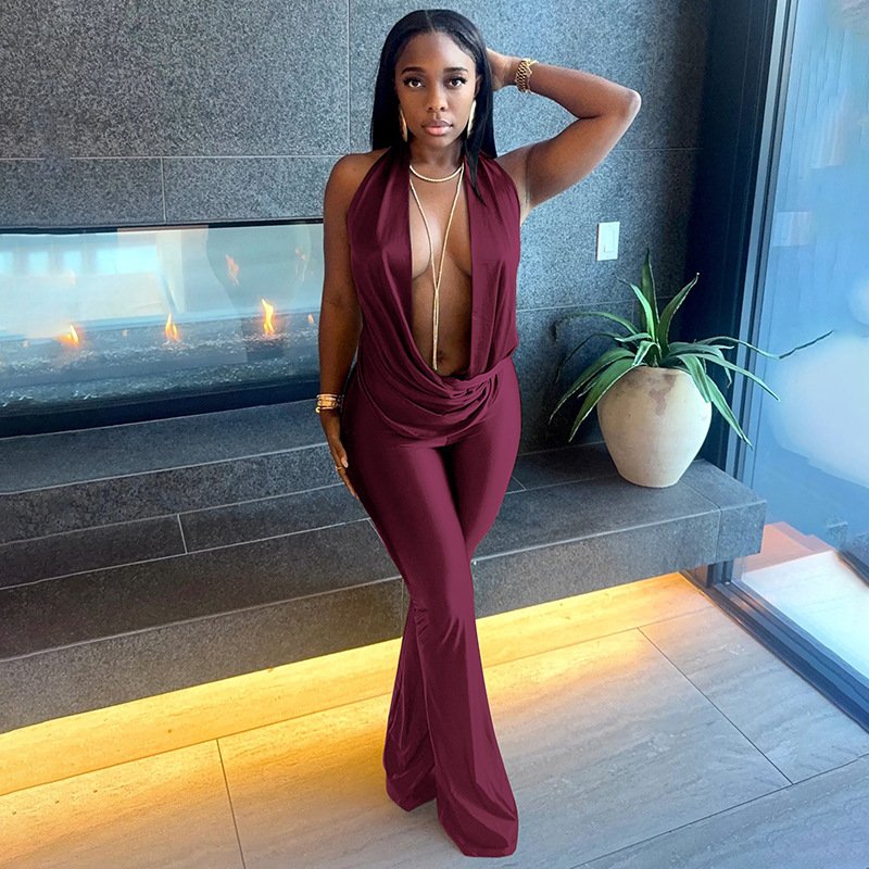 D25Jp554 European and American Foreign Trade Women's Fashion Sexy Hollow-Out Faux Two-Piece Halter Neck Swing Collar Backless Jumpsuit - Image 4