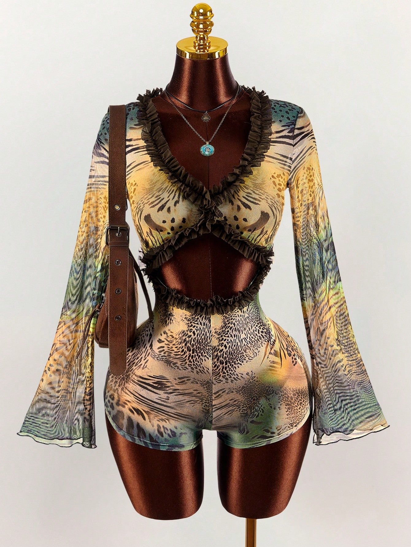 European and American New Style Slim-Fit Sexy Lace-Trimmed Leopard Print Mesh Hollow-Out Jumpsuit