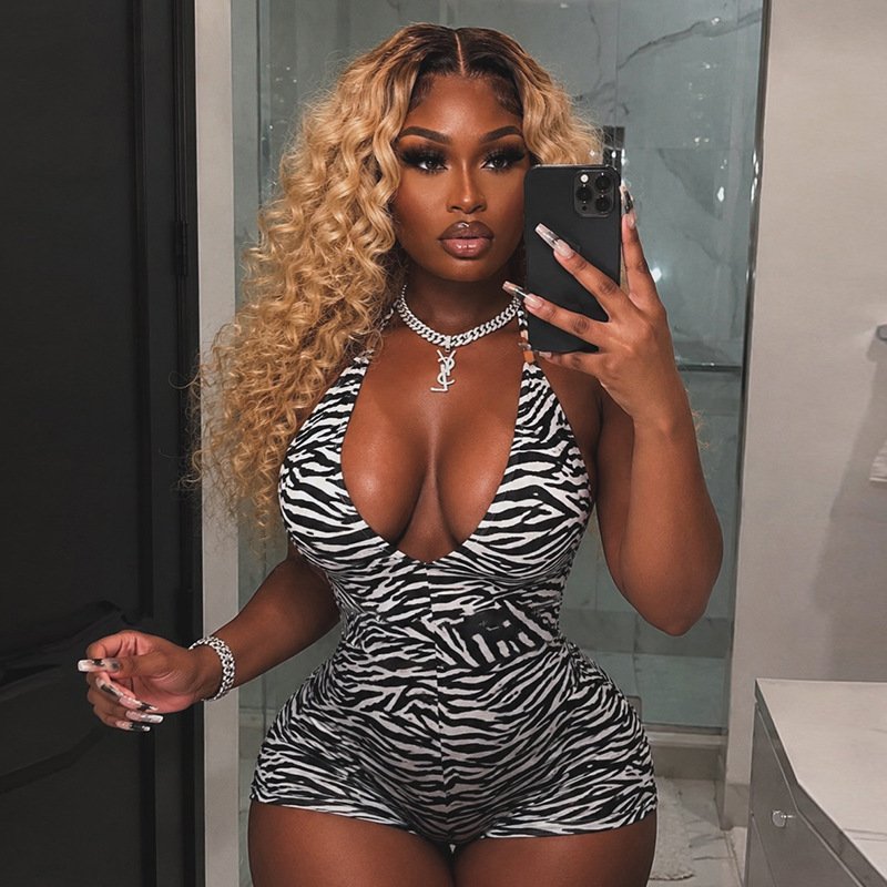 Q26Rp091 European and American Cross-Border Women's Clothing Summer New Zebra Print Halter Neck Deep V-Neck Backless Jumpsuit Shorts - Image 2