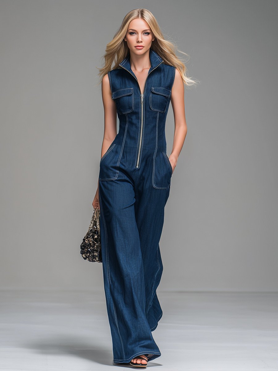 Cross-Border Amazon New Model Spring and Summer Casual Imitation Denim Fashion Retro Stand-Up Collar Zipper Sleeveless Jumpsuit