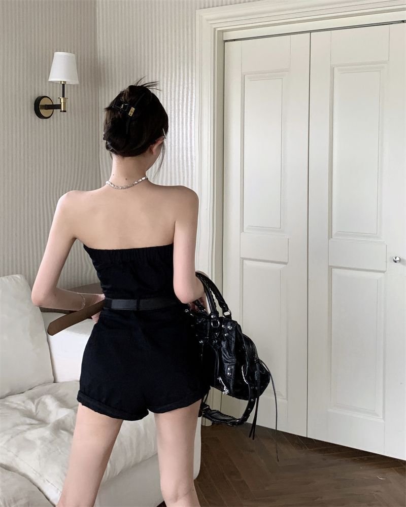 Hot Girl Sexy Black One-Shoulder Tube Top Jumpsuit for Women, Summer Style Casual High-Waisted Slimming Wide-Leg Shorts - Image 4