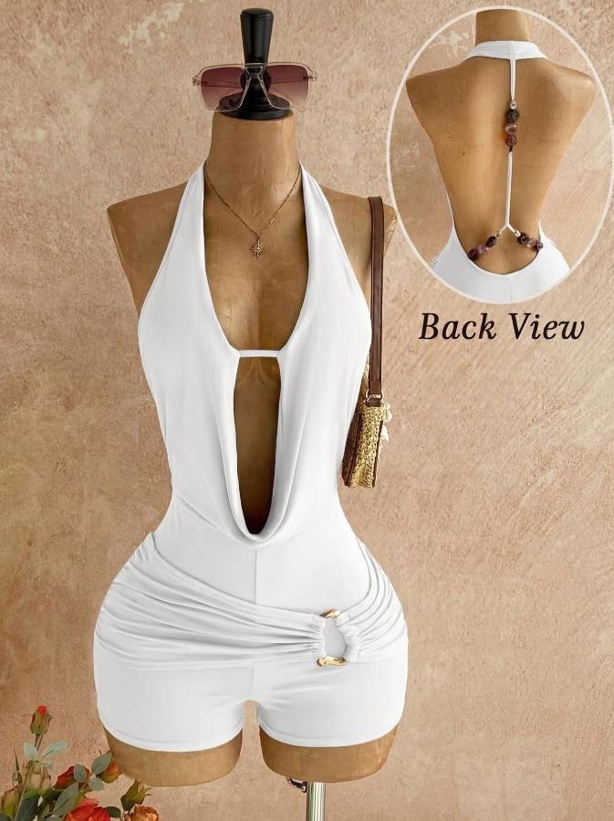European and American Cross-Border New Style Casual Vacation Bohemian Tropical Halter Neck Backless Metal Beaded Textured Jumpsuit - Image 5