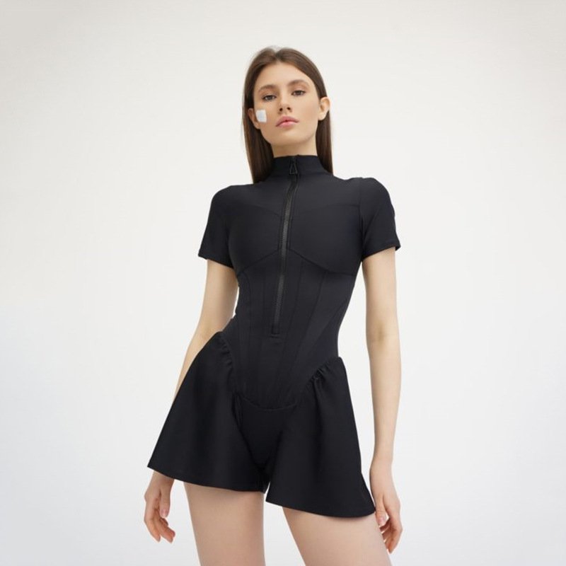Amazon Cross-border Hot-selling Sexy Tight Skirt Jumpsuit Autum New Women's Round Neck Short-sleeved Zipper Bottoming Shirt - Image 3