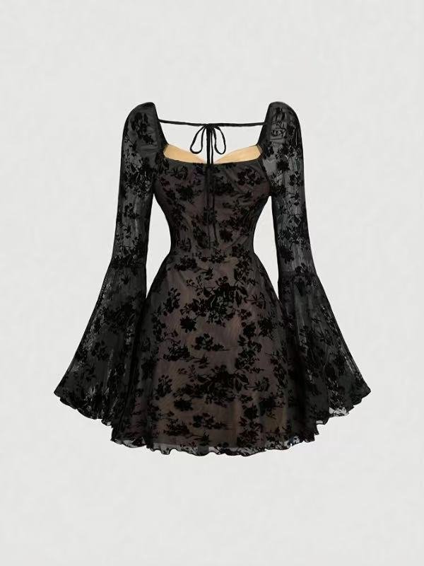 in stock Cross-border European and American Women's Clothing Amazon AliExpress Independent Station Black Floral Lace A- line Short Top Skirt - Image 3