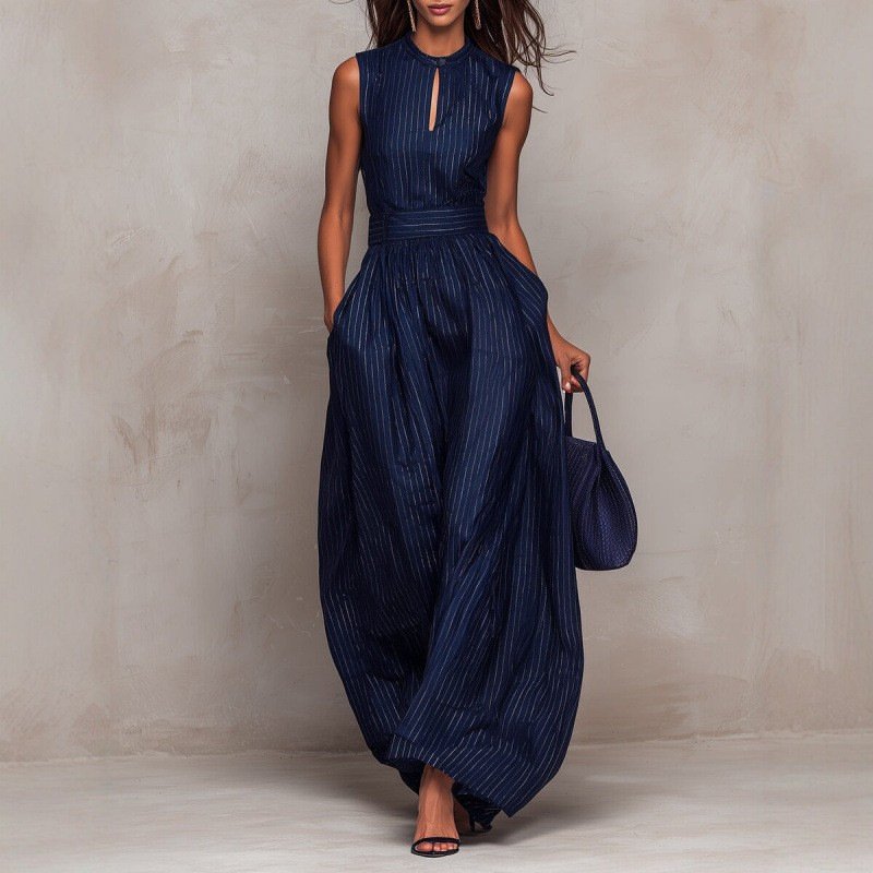 European and American Style 2026 New Deep Blue Striped Sleeveless Waist-Cinching Wide-Leg Jumpsuit for Women, Long and Elegant Fashion Cross-Border Women's Clothing - Image 2