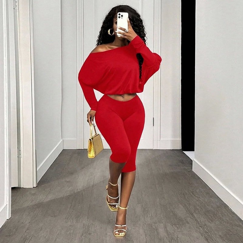 2025 European and American Cross-Border Women's Fashion Autumn Off-Shoulder Solid Color Long-Sleeve Crop Top Pullover and Cropped Pants Set