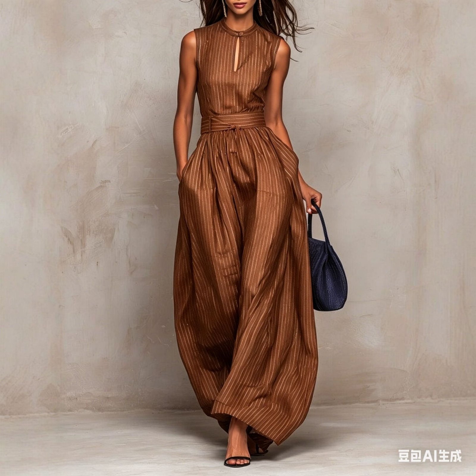 European and American Style 2026 New Deep Blue Striped Sleeveless Waist-Cinching Wide-Leg Jumpsuit for Women, Long and Elegant Fashion Cross-Border Women's Clothing
