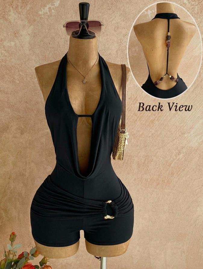 European and American Cross-Border New Style Casual Vacation Bohemian Tropical Halter Neck Backless Metal Beaded Textured Jumpsuit