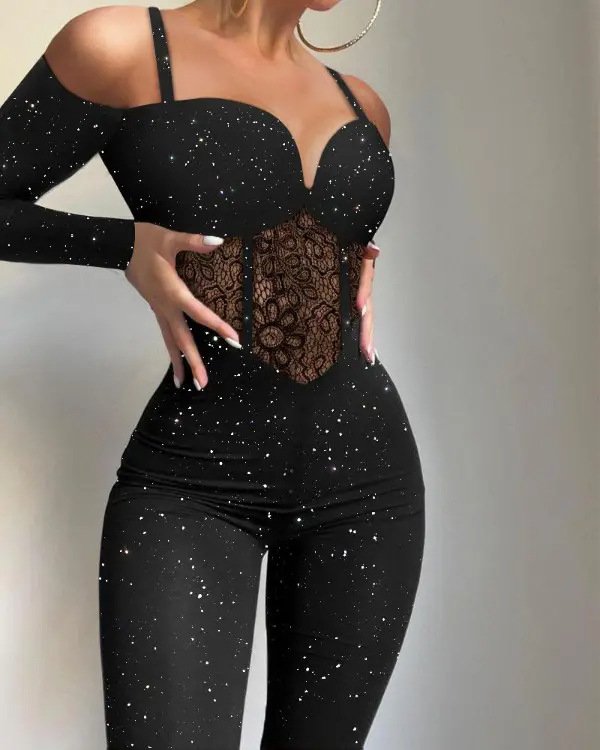 2022 European and American Amazon Lace Hollow Fashion Jumpsuit Flash Highlight Knitted Fabric Suspender Jumpsuit