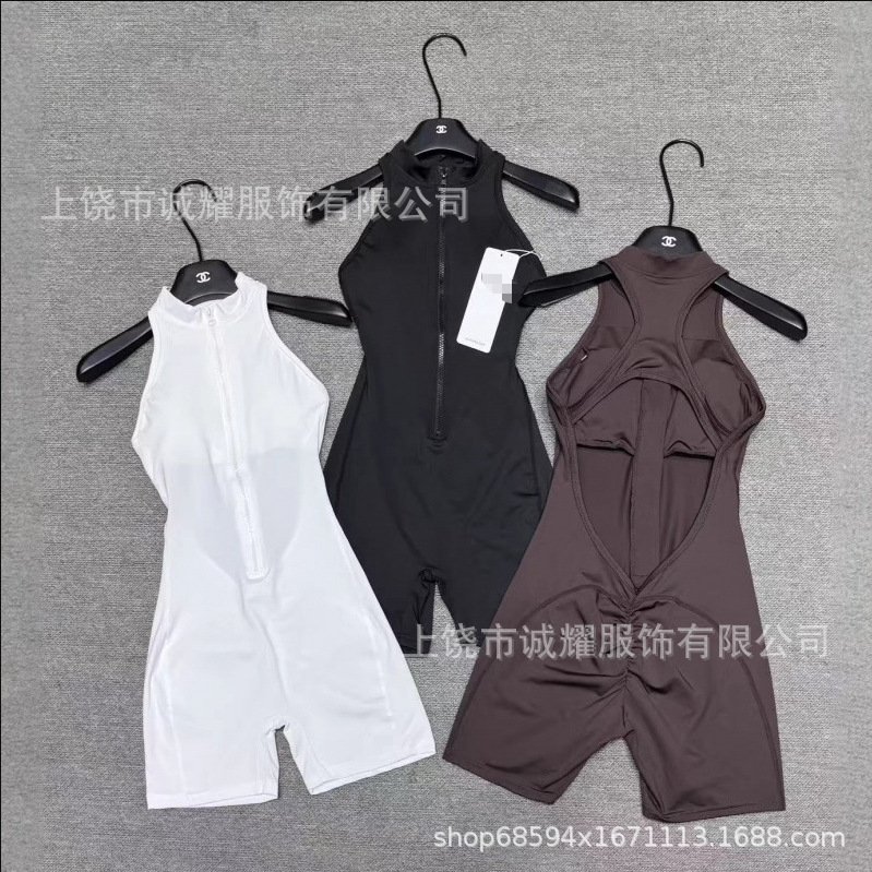 European and American Cross-Border Letter-Printed Sports Bodysuit with Sexy Zipper, High-Intensity Back-V Design, and Peach Butt Effect