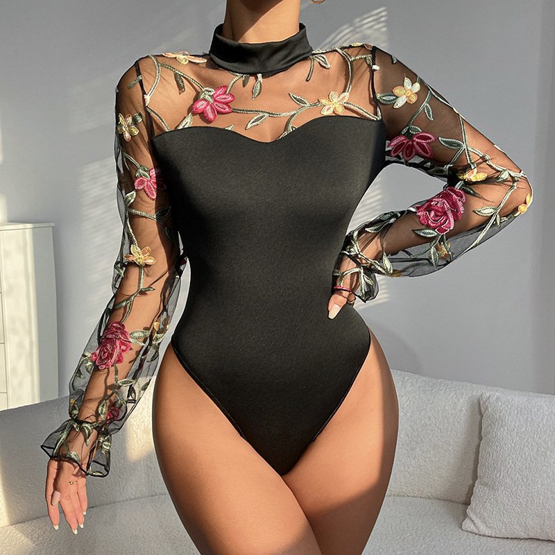 Embroidered Mesh Puff Sleeve Perspective Hollow Fashion Long Sleeve Women's Cross-border Foreign Trade Sexy Spice Girl Slim-fit One-piece Clothes - Image 3