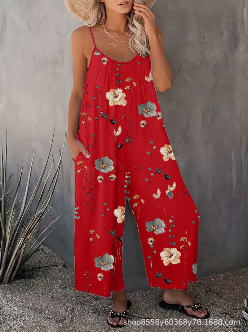 Cross-Border Amazon Women's Casual Suspender Pocket Sleeveless Printed Jumpsuit Vacation Style Sleeveless Wide-Leg Jumpsuit
