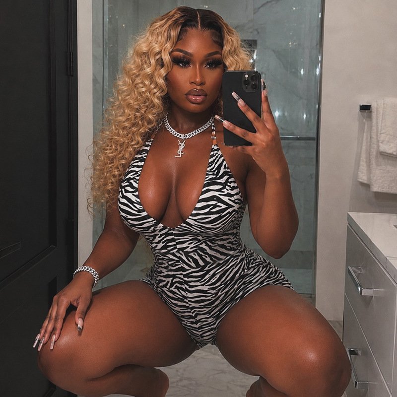 Q26Rp091 European and American Cross-Border Women's Clothing Summer New Zebra Print Halter Neck Deep V-Neck Backless Jumpsuit Shorts - Image 4