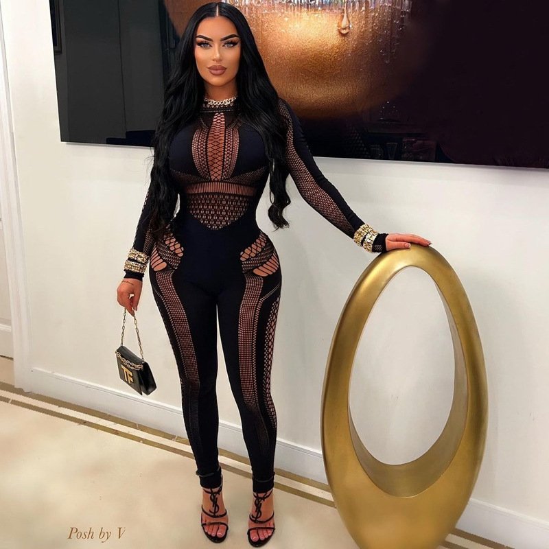 European and American Cross-Border 2025 Autumn New Women's Nylon One-Piece Knitted Hollow-Out Slim High-Elastic Jumpsuit Women's Clothing Wholesale - Image 2