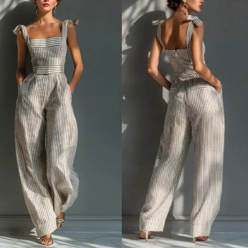 Cross-Border Independent Website Summer New Striped Suspender Pocket Jumpsuit European and American Foreign Trade High-Waisted Wide-Leg Jumpsuit for Women - Image 2