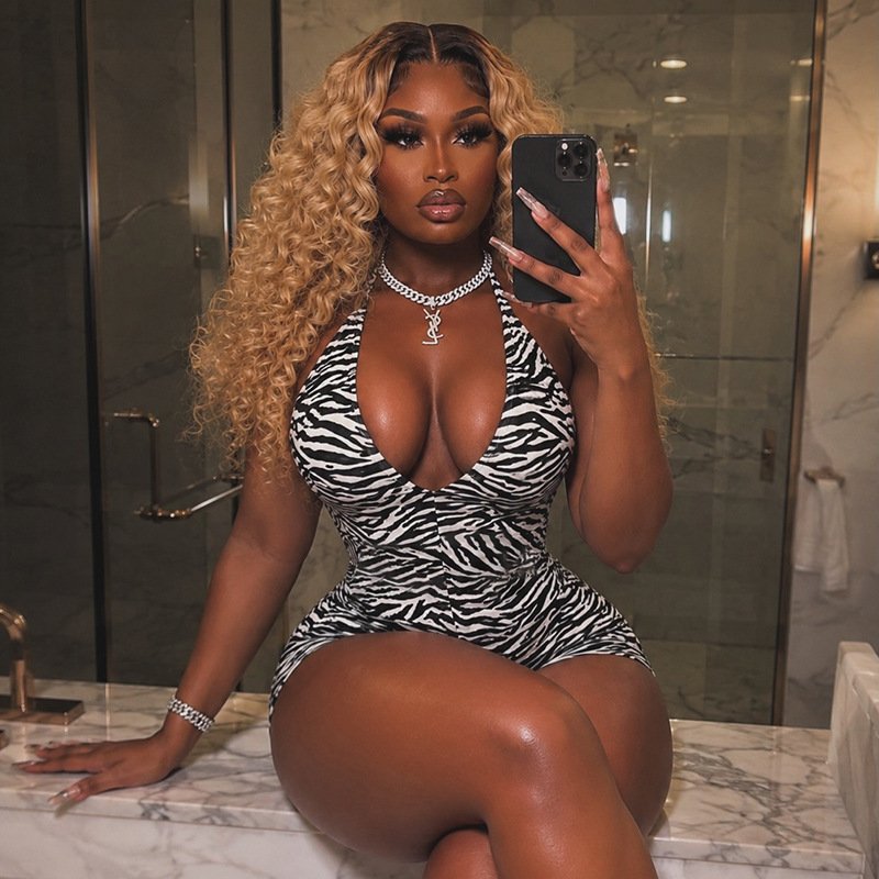 Q26Rp091 European and American Cross-Border Women's Clothing Summer New Zebra Print Halter Neck Deep V-Neck Backless Jumpsuit Shorts