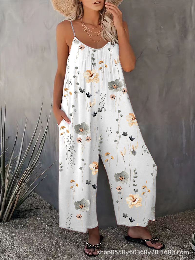 Cross-Border Amazon Women's Casual Suspender Pocket Sleeveless Printed Jumpsuit Vacation Style Sleeveless Wide-Leg Jumpsuit - Image 2